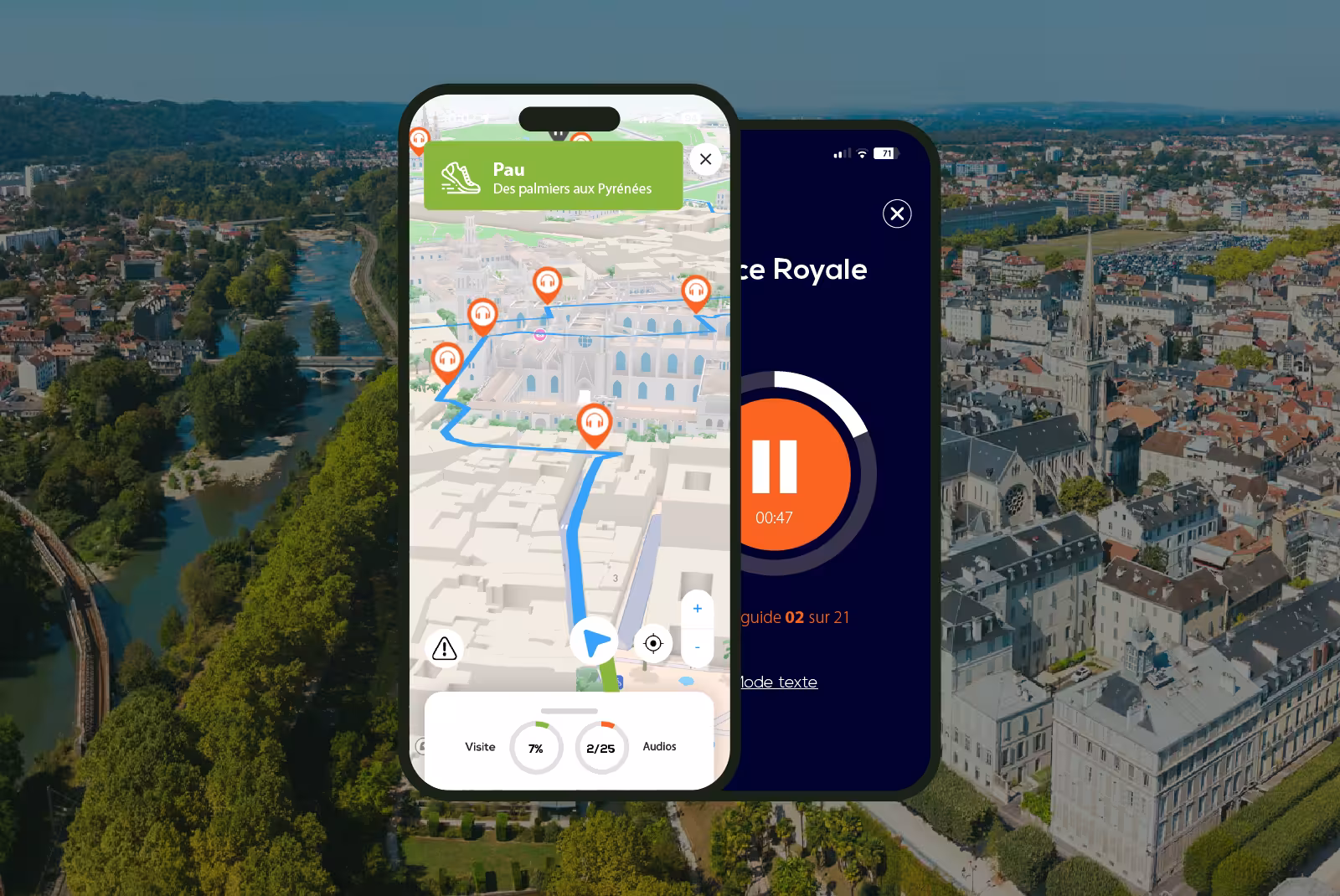 Pau audioguide mobile application interface on smartphone with a view of the city in the background.
