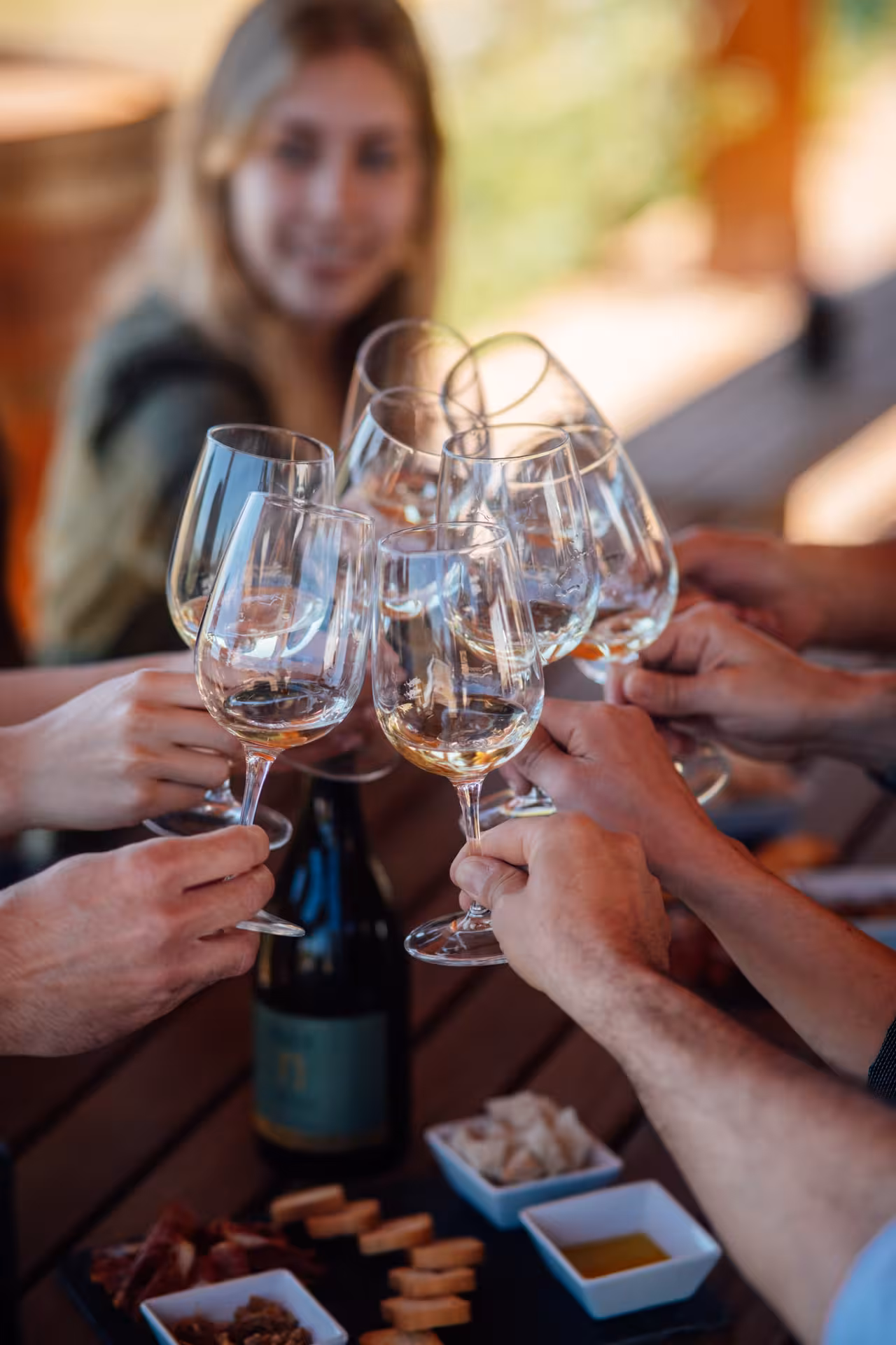 Friends toast with white wine during Paxá Essence wine tasting, paired with local snacks in vineyard setting