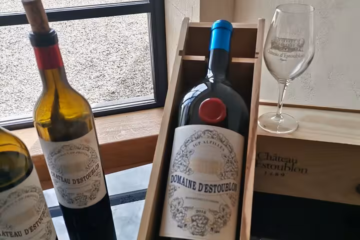 Bottles of Château and Domaine Destoublon wine with tasting glass, featured in Pce's Vineyard sommelier course