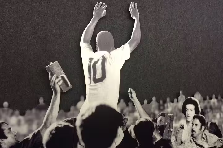 Iconic image of Pelé in jersey number 10, lifted by fans, capturing the essence of his legendary football career.