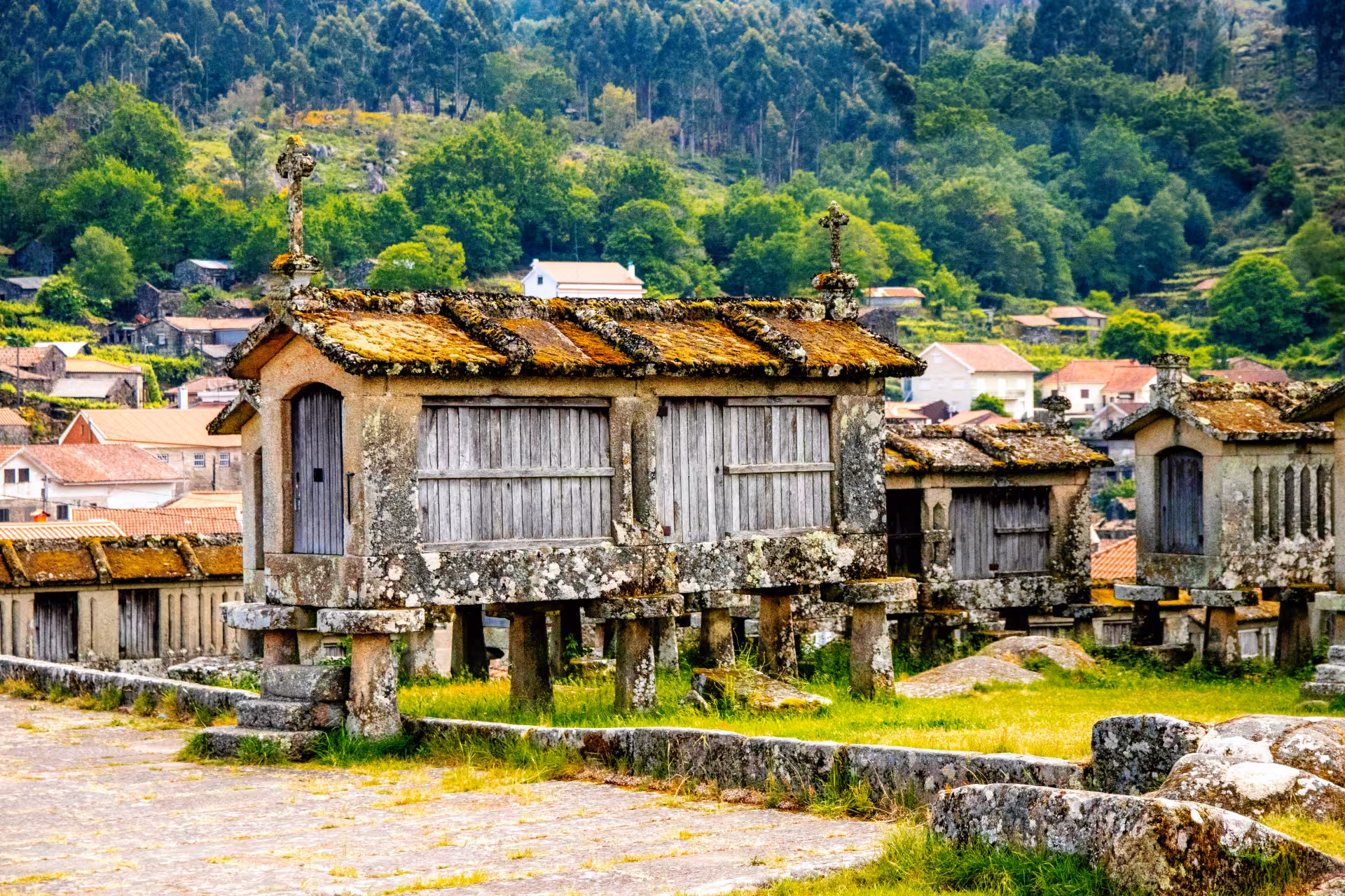 Experience traditional granaries set against lush greenery on the Peneda Geres National Park tour.