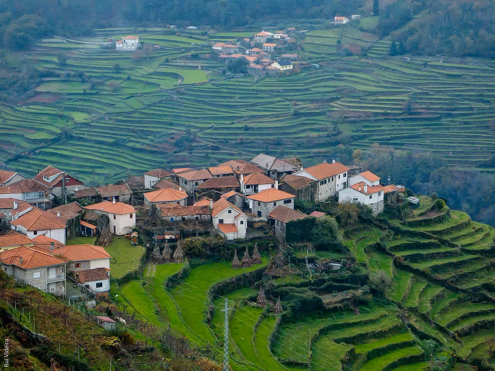 Picturesque terraced fields and traditional village in Peneda Geres National Park, showcasing rural Portuguese charm.