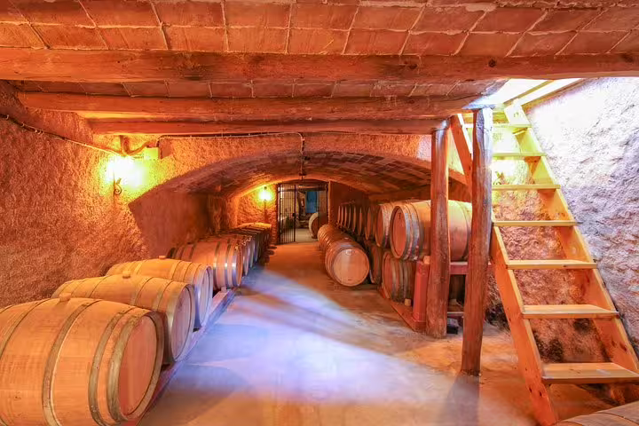 Rustic wine cellar in Penedes, showcasing rows of wooden barrels, part of Montserrat private tour with lunch and tasting.