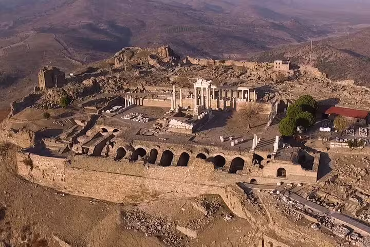 Aerial view of Pergamon Acropolis ruins in Bergama on Turkey 13-day private guided history tour with flights