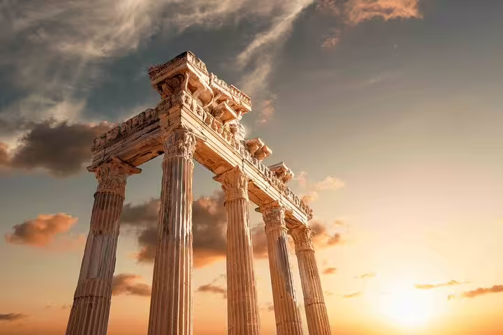 Majestic ancient columns of Pergamon at sunset, a highlight of the Spectacular Pergamon & Asclepion Tour from Kusadasi.