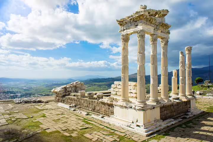 Stunning ancient columns at Pergamon with a breathtaking landscape, part of the Spectacular Pergamon & Asceplion Tour.