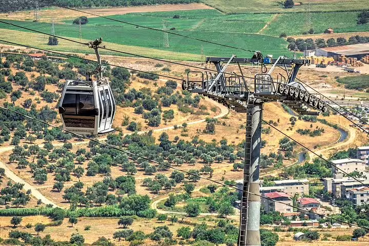Scenic cable car ride offering panoramic views on the Spectacular Pergamon & Asceplion Tour from Kusadasi & Selcuk.