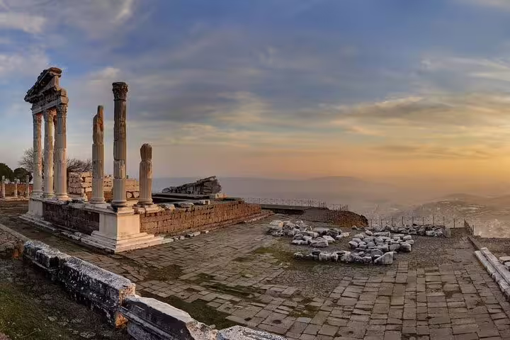 Scenic view of ancient Pergamon ruins at sunset, ideal for history enthusiasts on tours from Kusadasi and Selcuk.
