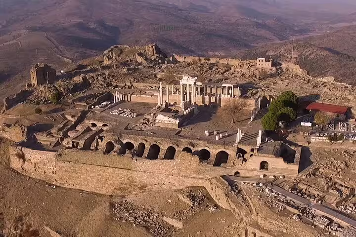 Aerial view of Pergamum Acropolis in Bergama, Turkey, visited on 3-day Ephesus Pamukkale tour