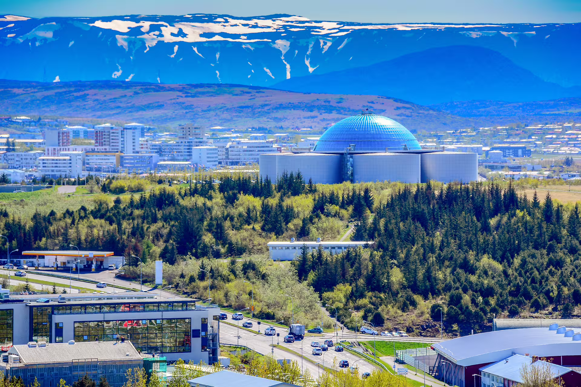 An aerial view of the hill where the Perlan Museum is located.