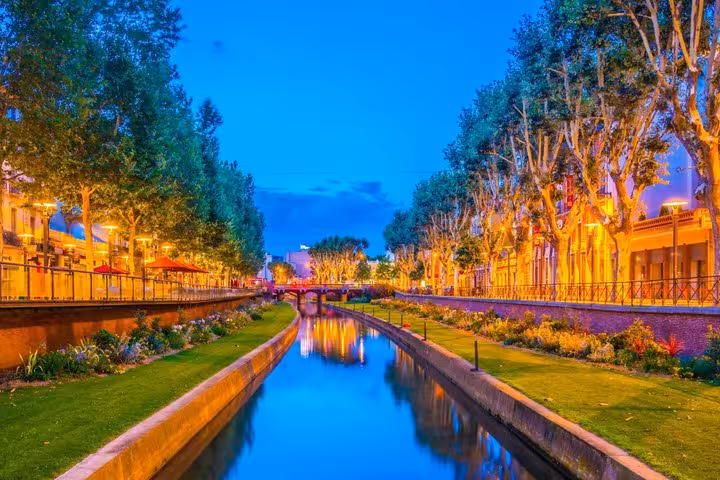 Illuminated canal walkway lined with plane trees at dusk in Perpignan, France