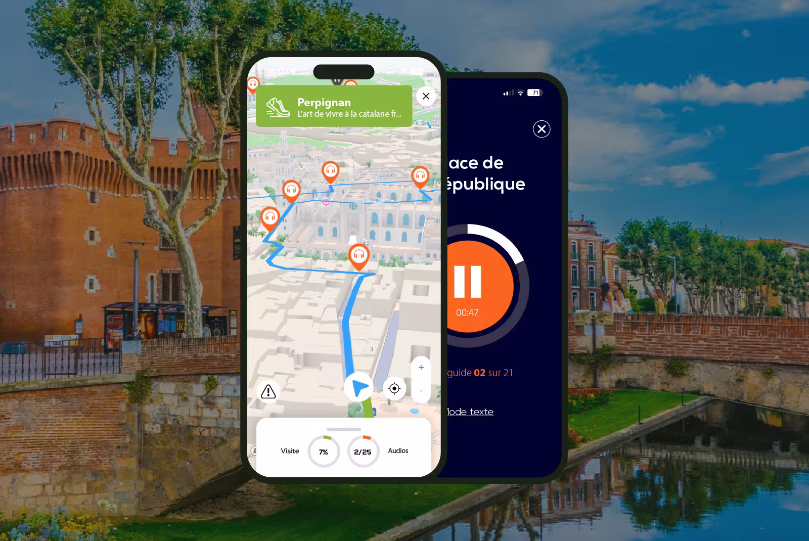 Smartphone app showing GPS audio guide map for self-guided walking tour in Perpignan city center