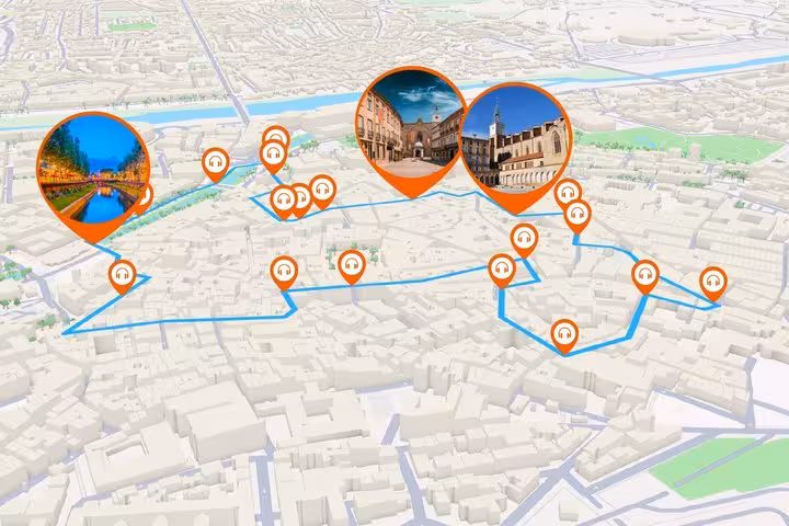 3D map of Perpignan with GPS audio guide route markers and landmark photos for self-guided walking tour