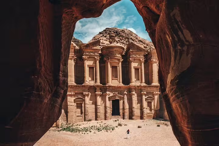Petra Monastery Ad Deir framed by canyon on Petra tour from Sharm by cruise, guided Jordan excursion