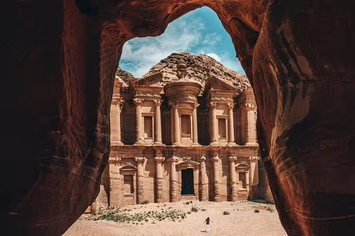 Petra Monastery Ad Deir framed by canyon on Petra tour from Taba by ferry boat, Jordan day trip