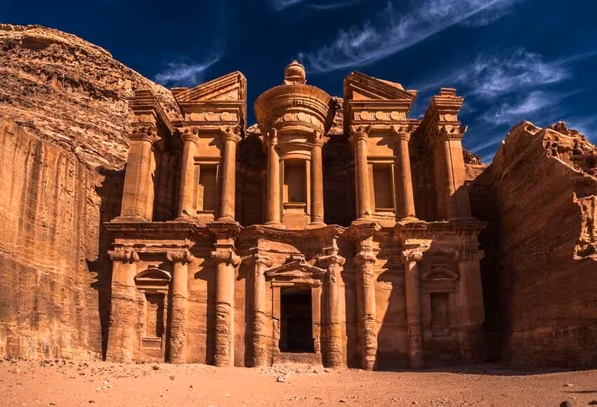 Petra Monastery Ad Deir carved in rose sandstone, highlight of Jordan day trip on 8-day Egypt tour