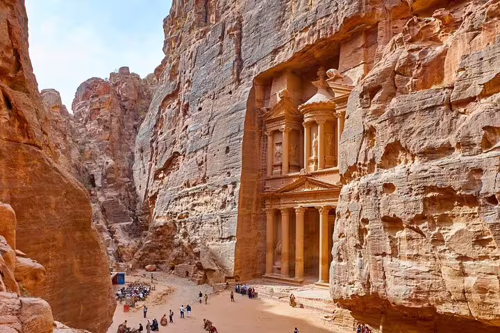 Petra Treasury (Al-Khazneh) in the Siq canyon, highlight stop on Jordan day tour from Sharm El Sheikh