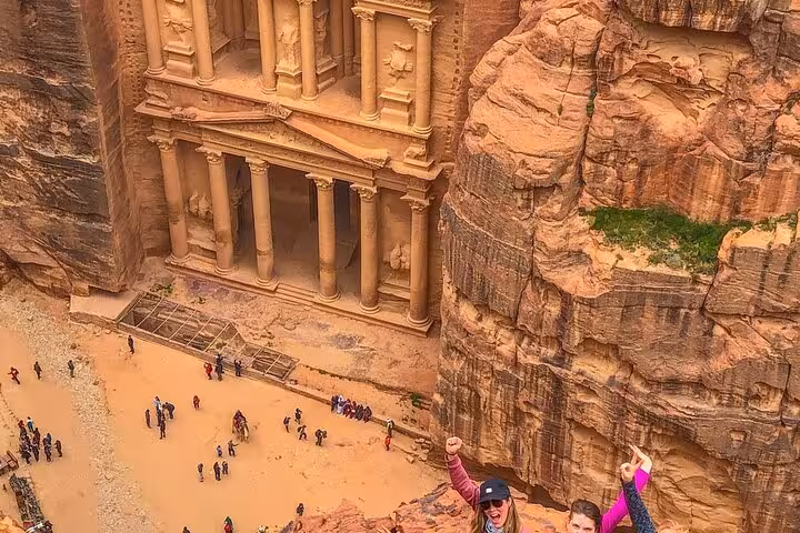 Aerial view of Petra Treasury in Jordan with travelers, highlight of 13 days Egypt Jordan Jerusalem tour