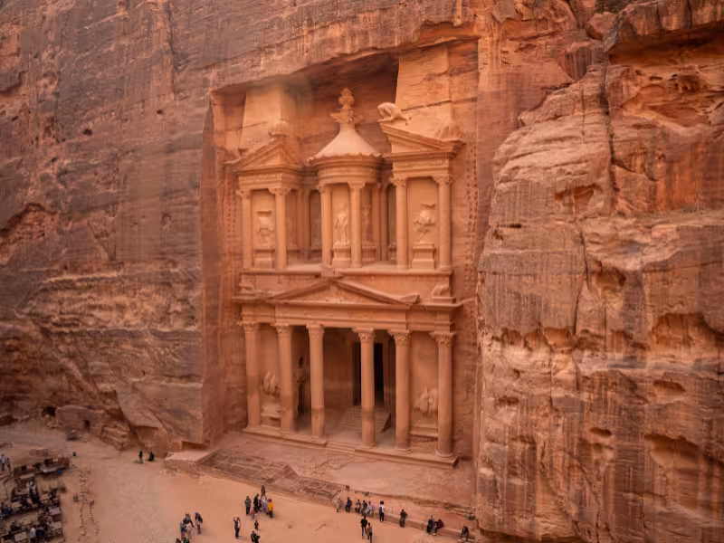 Petra Treasury Al-Khazneh carved in rose-red cliffs, highlight of Timeless Egypt & Jordan tour