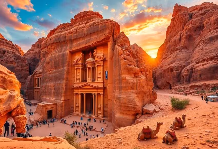 Sunset view of Petra Treasury with camels in Jordan on a day trip to Petra by ferry and guided tour