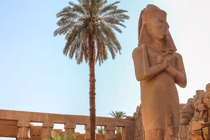 Pharaoh statue and palm tree at Luxor Temple on a private Luxor day tour from Cairo by plane