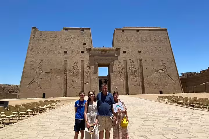 Visitors at Philae Temple entrance in Aswan, Egypt, on private day tour including High Dam and Unfinished Obelisk