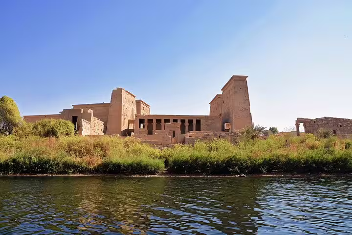 Philae Temple on the Nile in Aswan, Egypt, seen from the water on a private day tour to High Dam