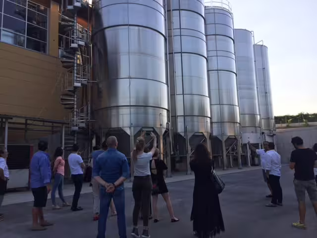 Gruppo in visita guidata alla cantina Pian di Mare tra grandi serbatoi inox, tour enologico in Abruzzo