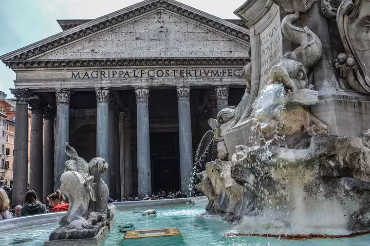Close-up of Piazza della Rotonda fountain with Pantheon façade during Rome famous squares and fountains group tour