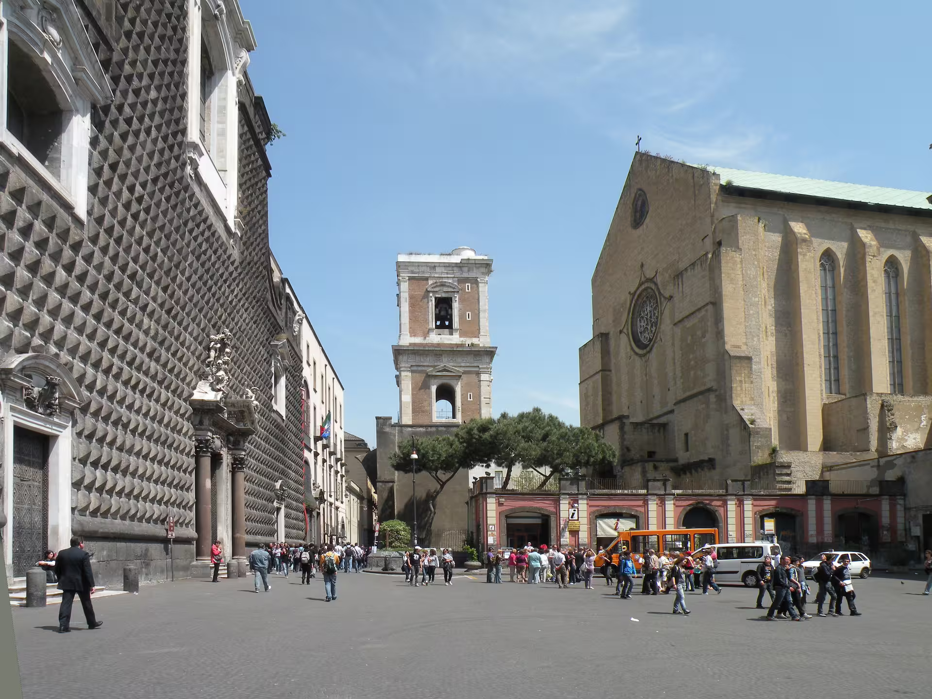 Piazza del Gesu Nuovo Naples with tour bus stop, key sight on Naples daylight walking and scenic bus tour