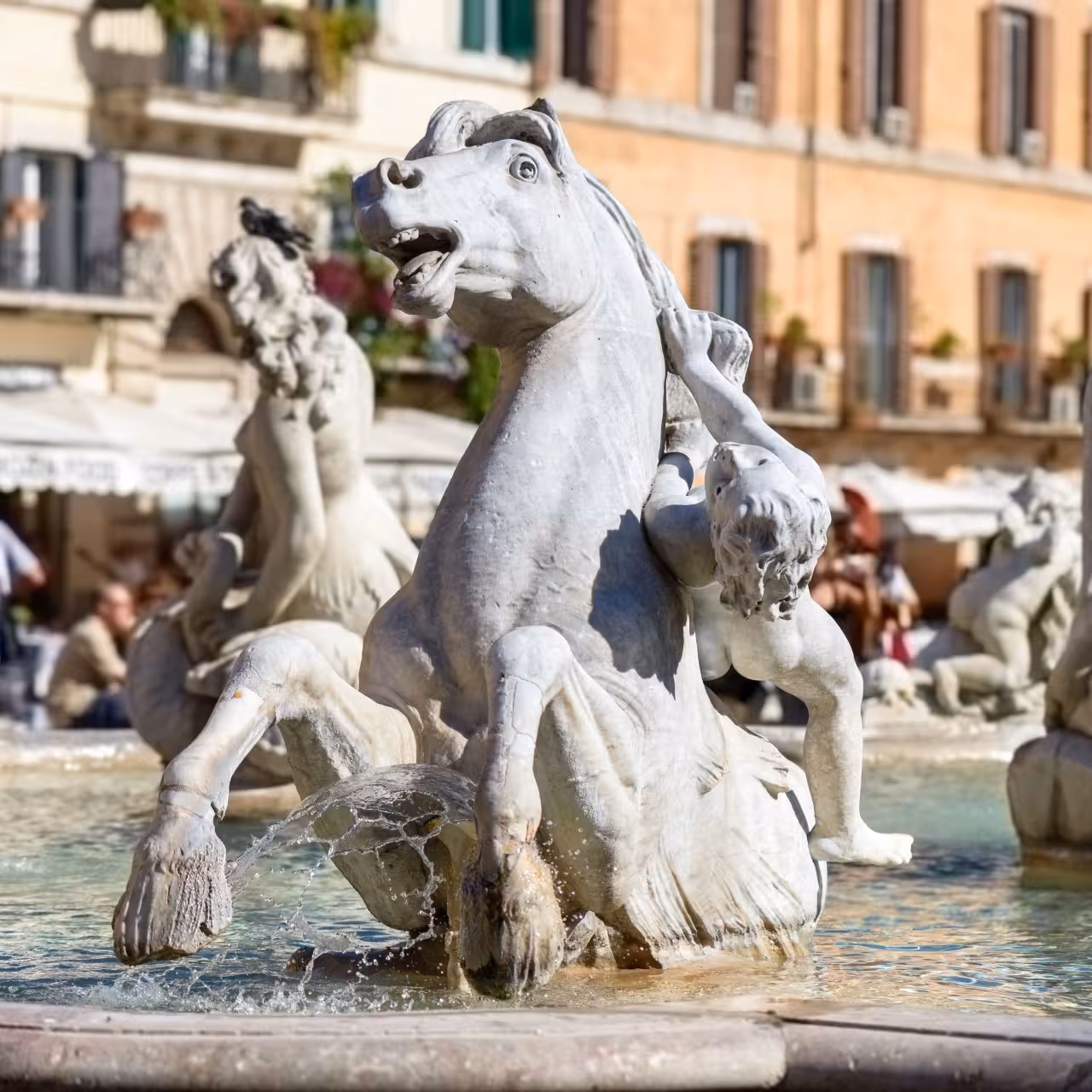 Piazza Navona Fountain of the Moor horse statue, highlight stop on Beauty of Rome guided walking tour