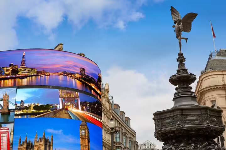 Eros statue at Piccadilly Circus with London landmark billboard display at dusk