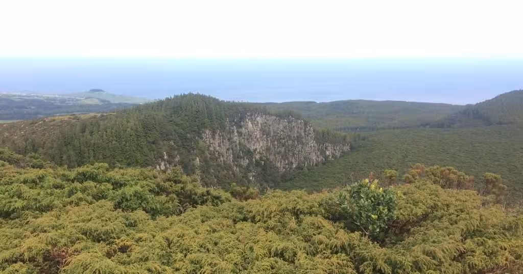 Panoramic view of Pico da Vara nature reserve, São Miguel Azores, showing forested cliffs and Atlantic horizon