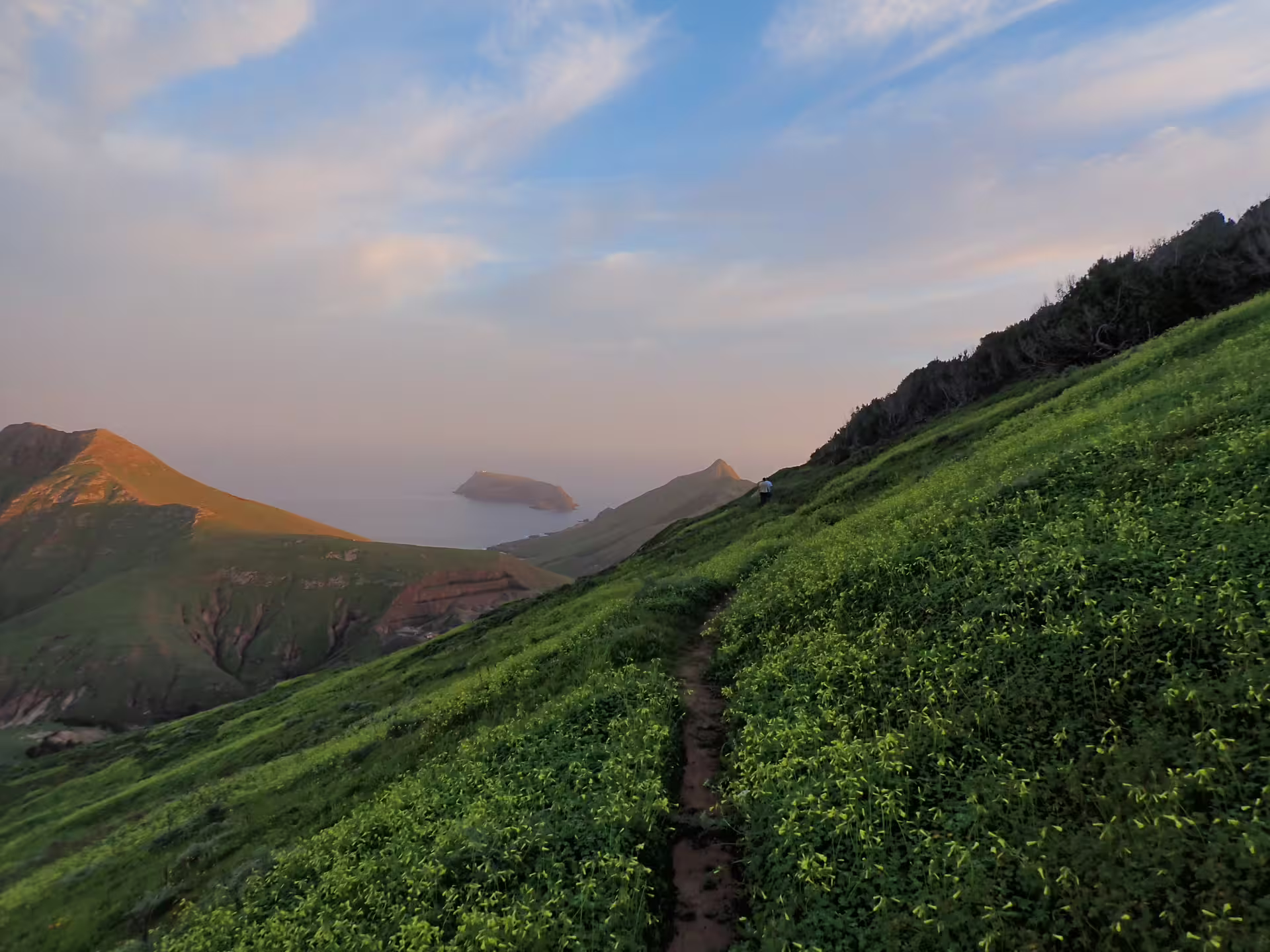 Scenic view from Pico do Facho Panoramic Trail with lush green hills, ocean backdrop, and clear skies at dusk.