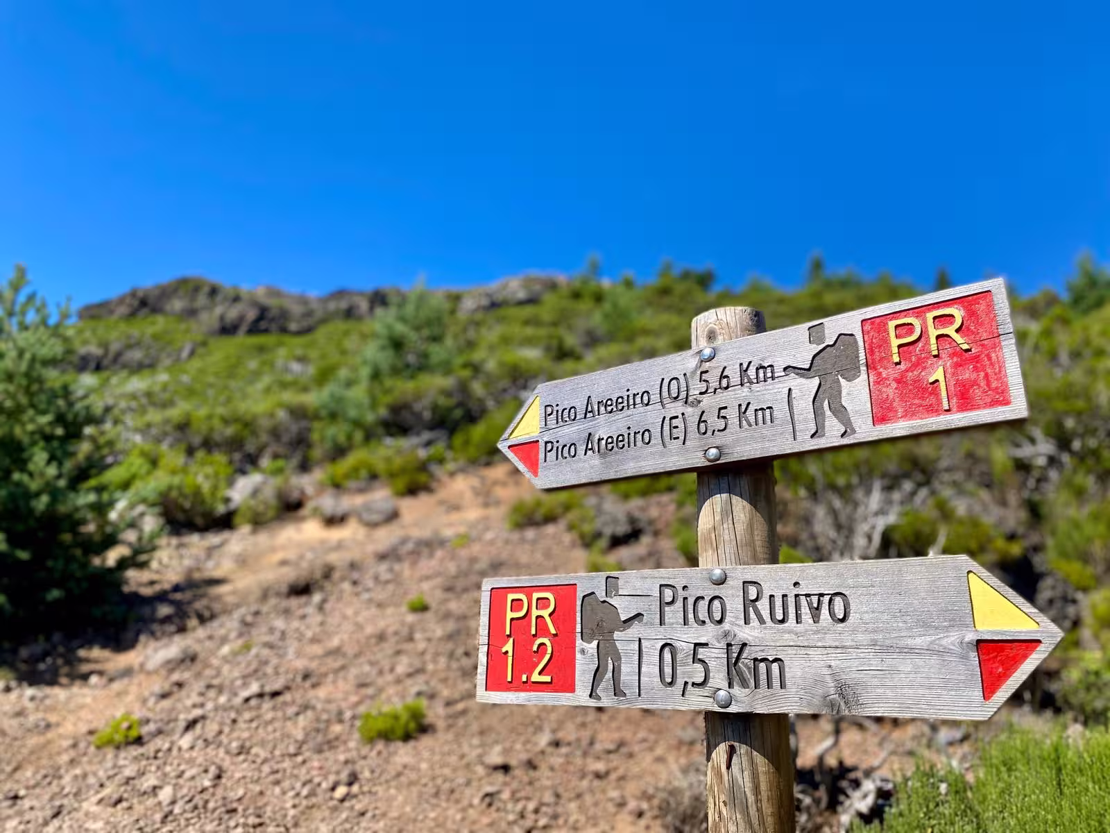 Trail signpost on Pico Ruivo hike under clear blue skies, guiding trekkers on the scenic Above the Skies' Hike.