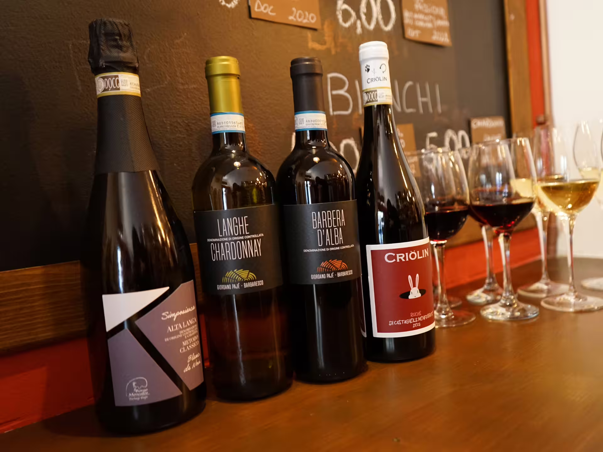 Piedmont wine lineup in Turin city center tasting, featuring Barbera d’Alba, Langhe Chardonnay and DOCG bubbles