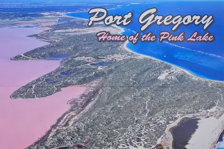 Aerial view of Port Gregory's stunning Pink Lake, a highlight of the 2 Days One Night Tour at Natures Window and Pinnacles.