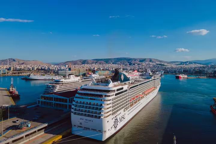 Cruise ship docked at Piraeus Port Athens, meet-and-greet private departure transfer to Athens Airport terminal