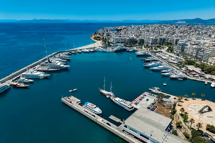 Aerial view of Piraeus port marina near Athens, yachts and coastline, cruise pickup for Plaka city tour