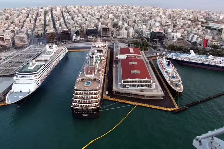 Aerial view of Piraeus Port cruise terminals, ideal for private arrival transfer to Athens city center hotels