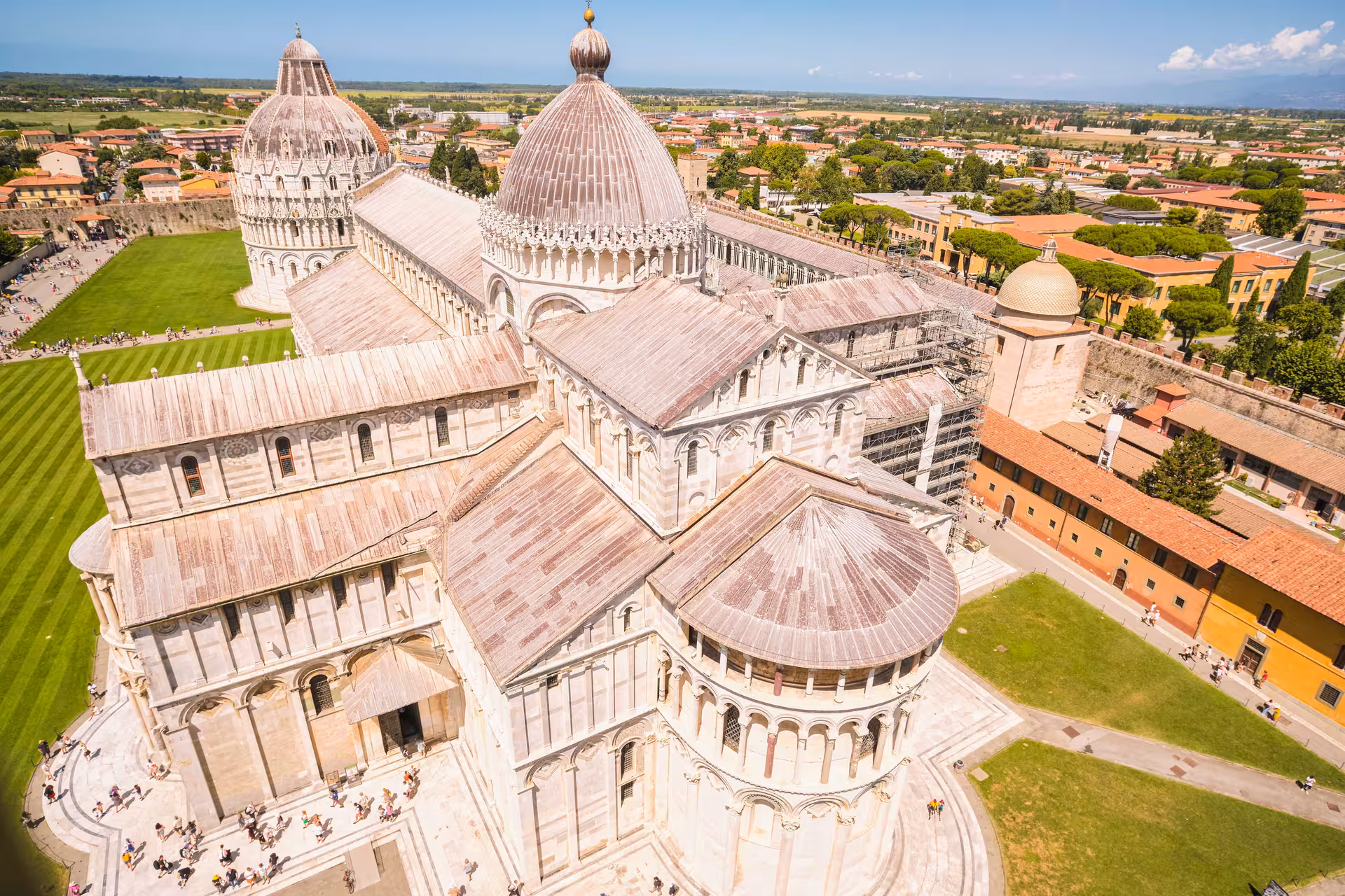 Stunning aerial view of Pisa Cathedral, showcasing its architectural beauty on the Piazza dei Miracoli tour.