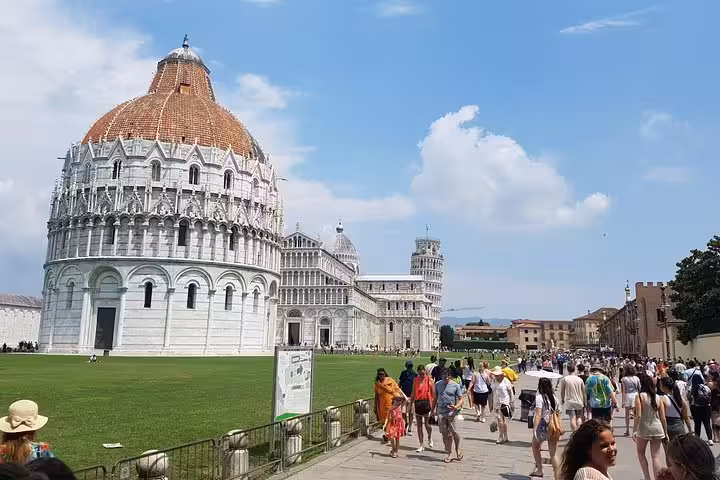 Pisa day trip from Rome showing Leaning Tower, Cathedral and Baptistery in Piazza dei Miracoli