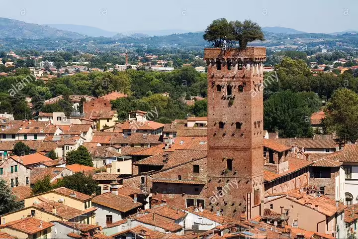 Panoramic view of Lucca with the iconic Guinigi Tower and Tuscan hills on a private Pisa and Lucca wine tour