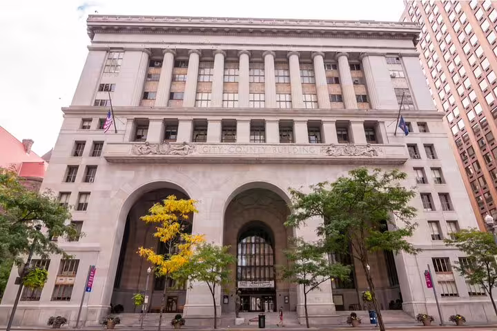 Pittsburgh City-County Building neoclassical facade with large arched entrance and stone columns