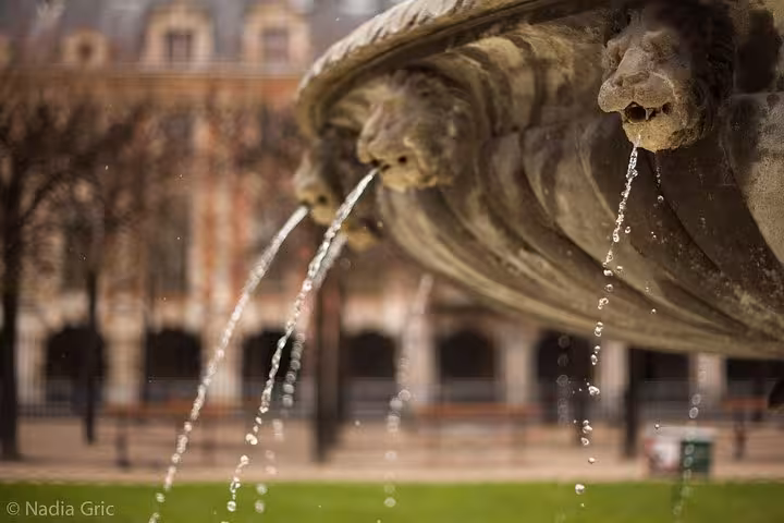 Close-up of Place des Vosges fountain spouts in Paris, scenic stop on a Le Marais private walking tour