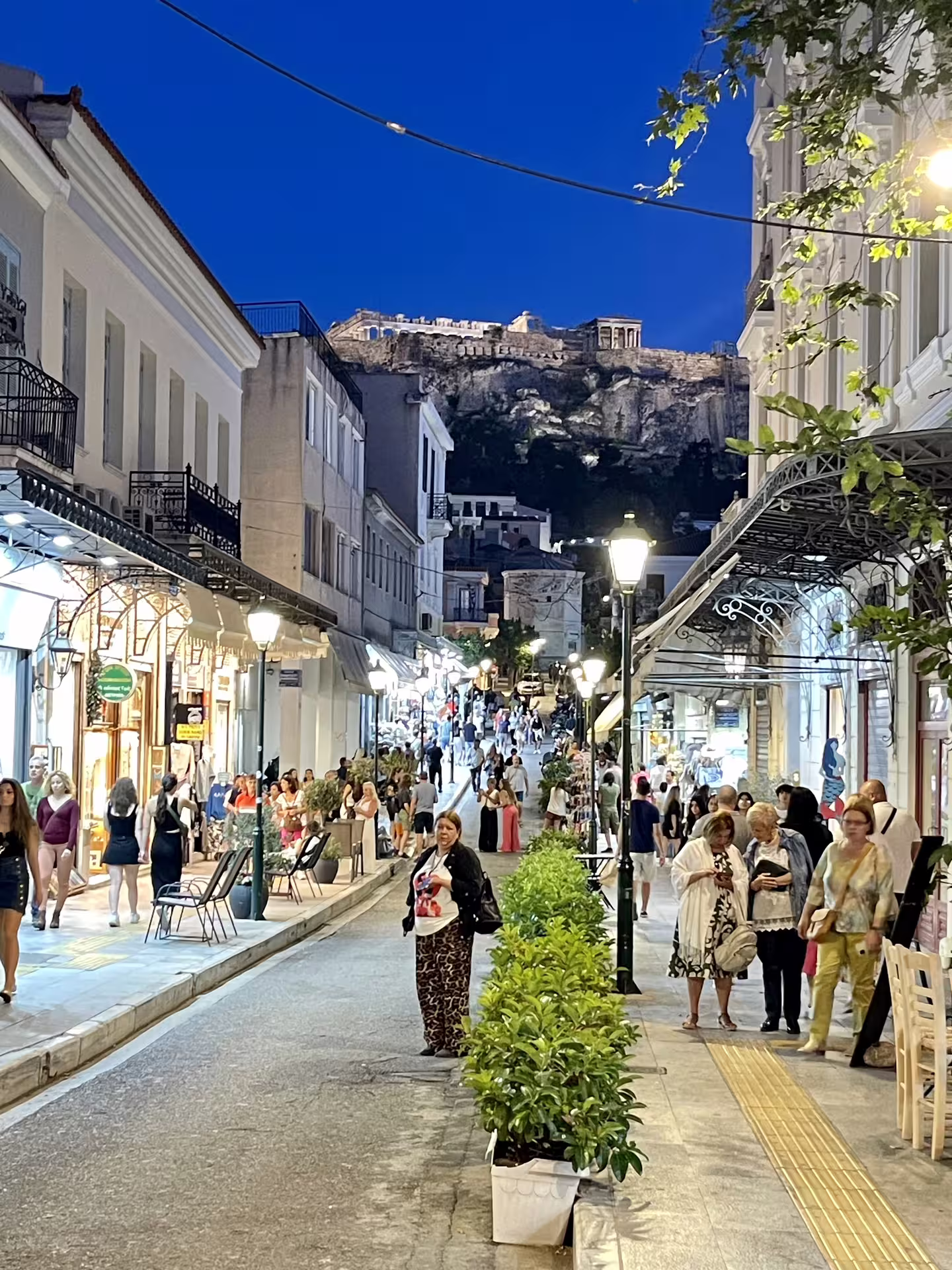Plaka street at dusk with Acropolis views, part of an Explore Ancient Athens full-day private tour experience