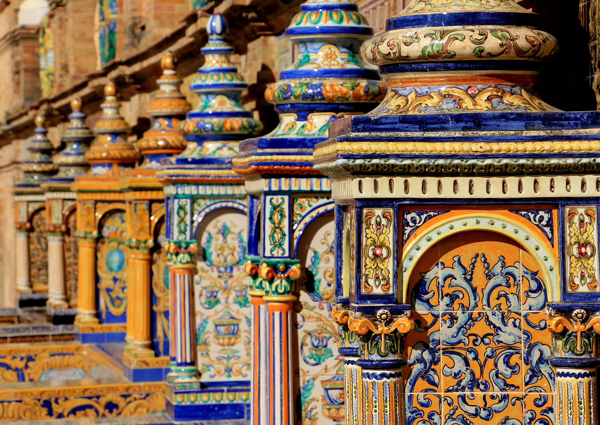 Colorful Plaza de España ceramic tiles in Seville on a private day trip from Costa del Sol, Andalusia