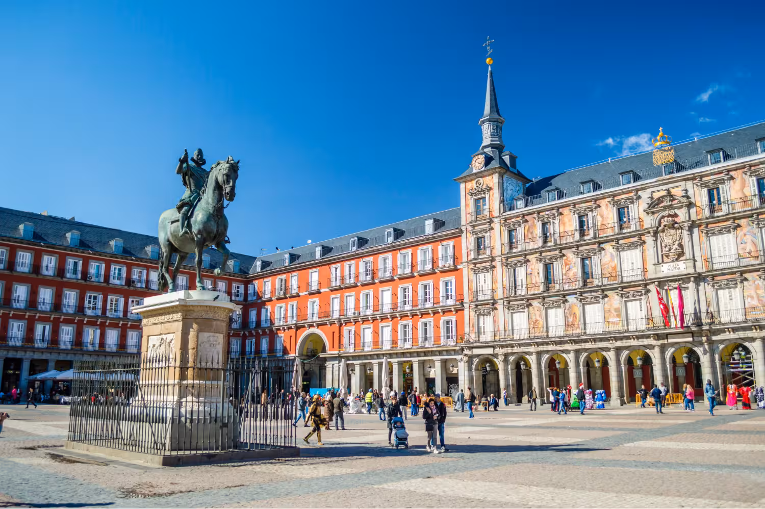 Plaza Mayor Madrid with equestrian statue and arcades, key stop on local charms walking tour before flamenco