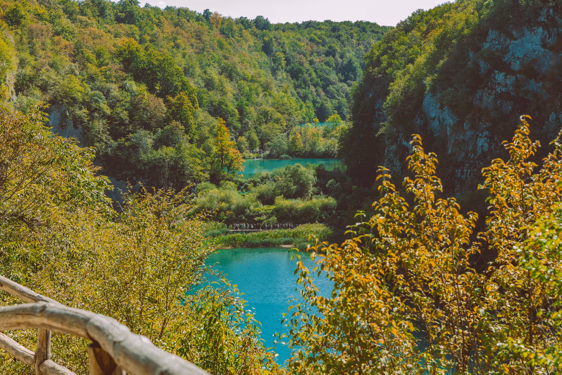 Panoramic view of turquoise Plitvice Lakes in Croatia on a day trip from Zadar, surrounded by lush forest