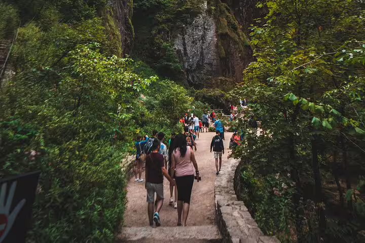 Tour group hiking the forest trail in Plitvice Lakes National Park on a scheduled economy guided tour, Croatia